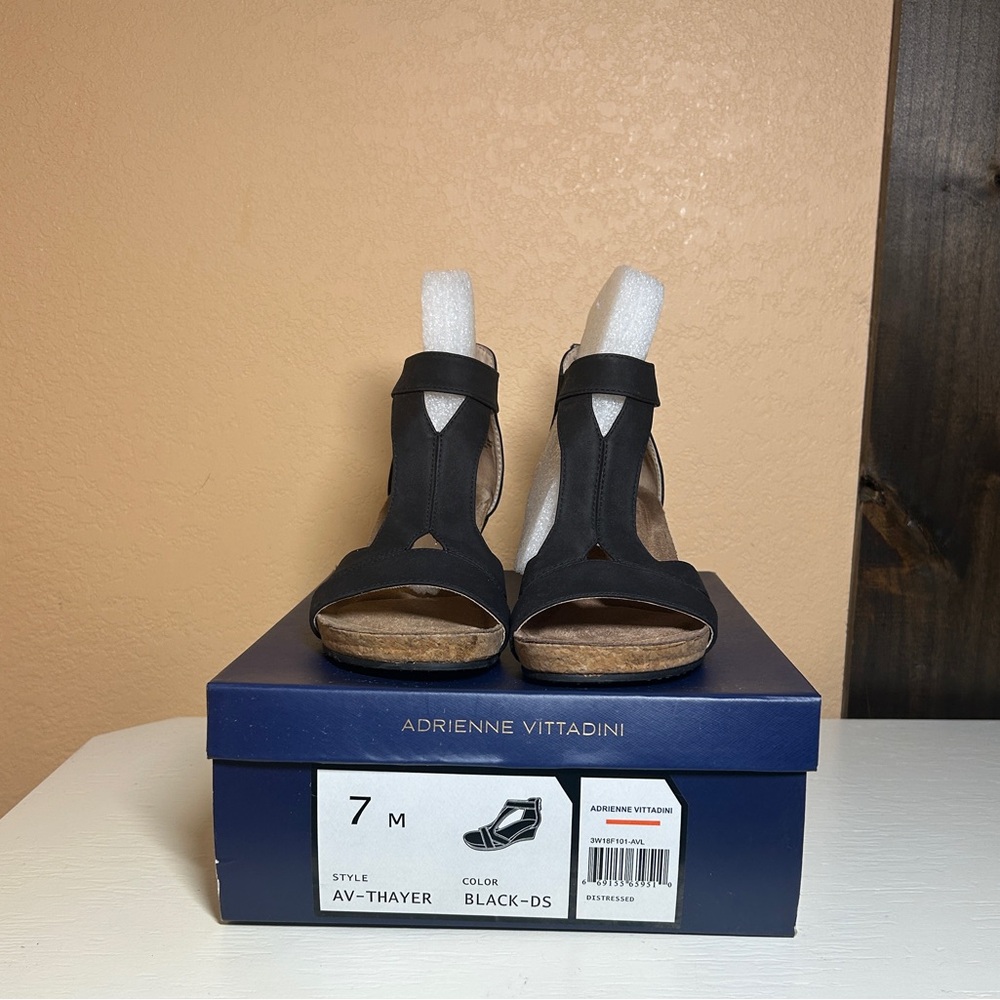 Adrienne Vittadini Black Open-Toe Sandal Wedges, Used Once, Box & lid have tear